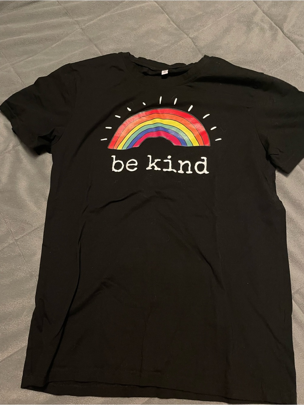 Amazon Black Short Sleeve Tee with Multicolor Rainbow "be kind" Graphic